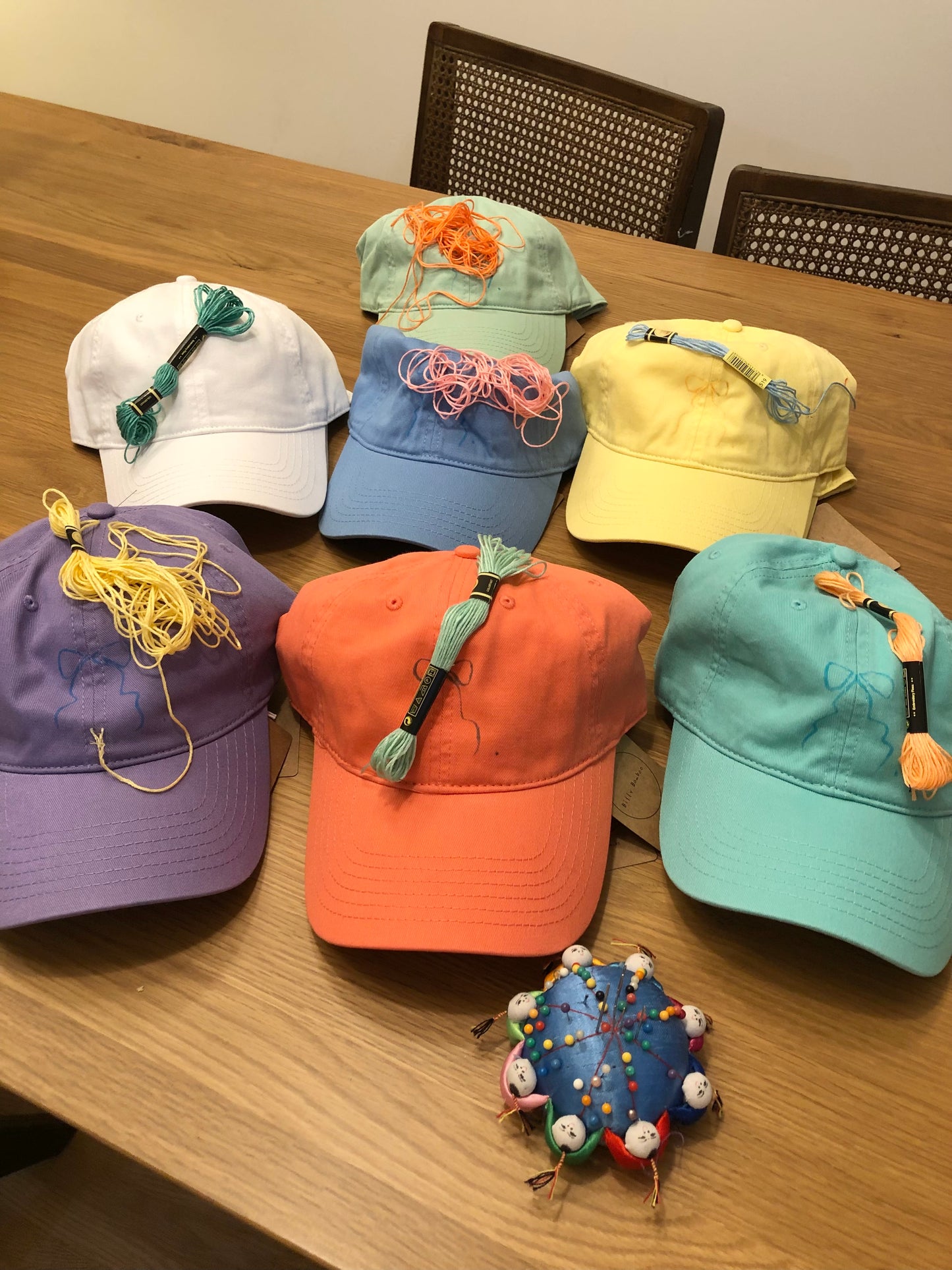HAND EMBROIDERY BOW CAPS - pastel